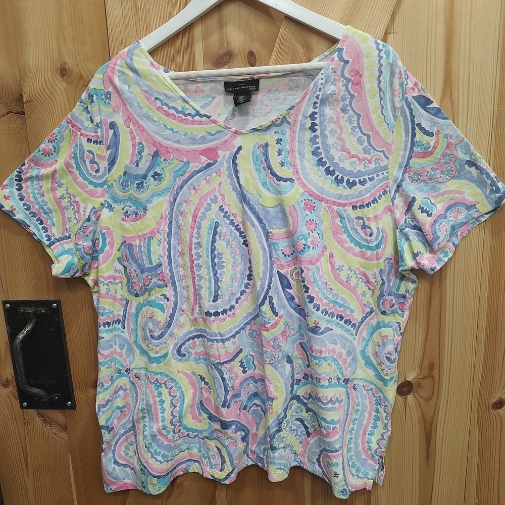 Alfred Dunner Plus Sz 1X Pastel Wearable Art Blouse Shirt Top Coastal Core Vacay